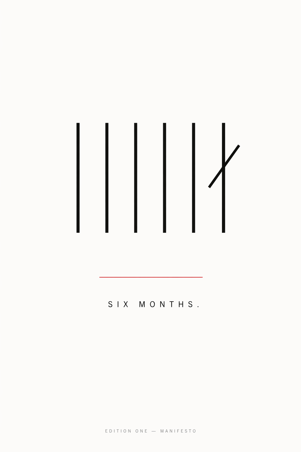 Six tally marks, the sixth struck through — a typographic meditation on the six-month coaching turnover the industry hides.
